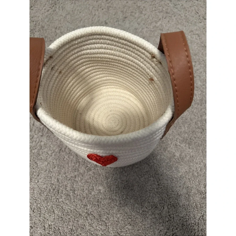 Peace Love World Woven Cream Small Basket Leather Handles Heart